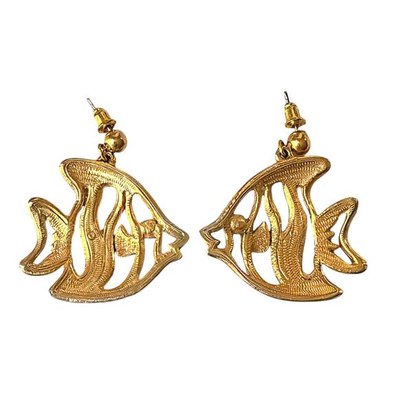 Statement Gold Tone Fish Dangle Stud Earrings Vintage Pierced Post Back - Picture 2 of 3
